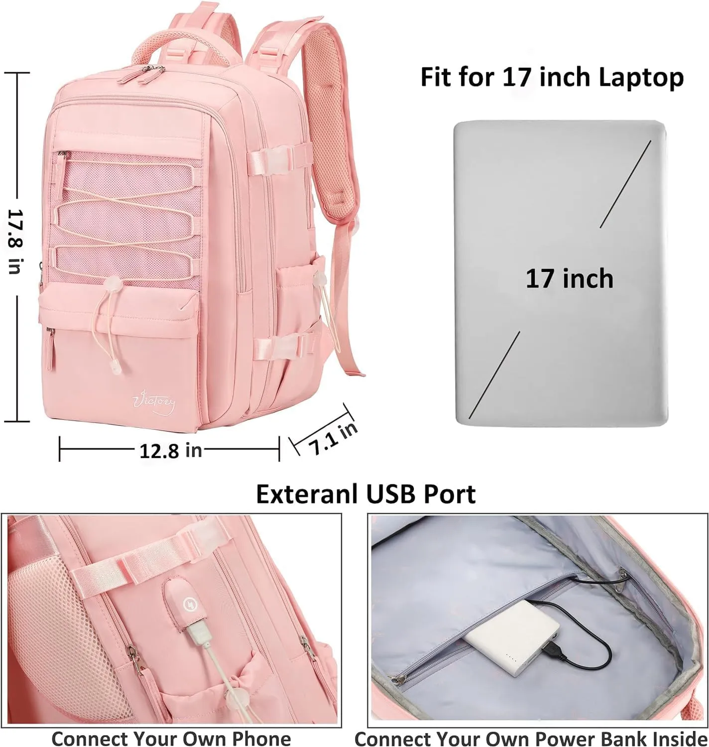 Travel Backpack for Women Men 17 Inch Laptop Backpacks with USB Port Carry on Bag Airline Approved Large College School Bookbags Waterproof Work Business Sport Rucksack Casual Daypack (Pink)
