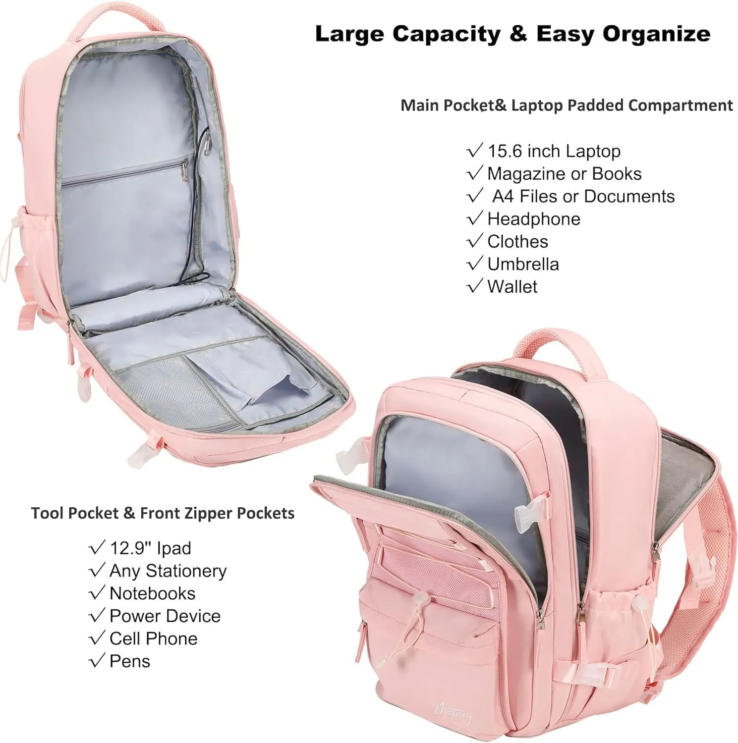 Travel Backpack for Women Men 17 Inch Laptop Backpacks with USB Port Carry on Bag Airline Approved Large College School Bookbags Waterproof Work Business Sport Rucksack Casual Daypack (Pink)