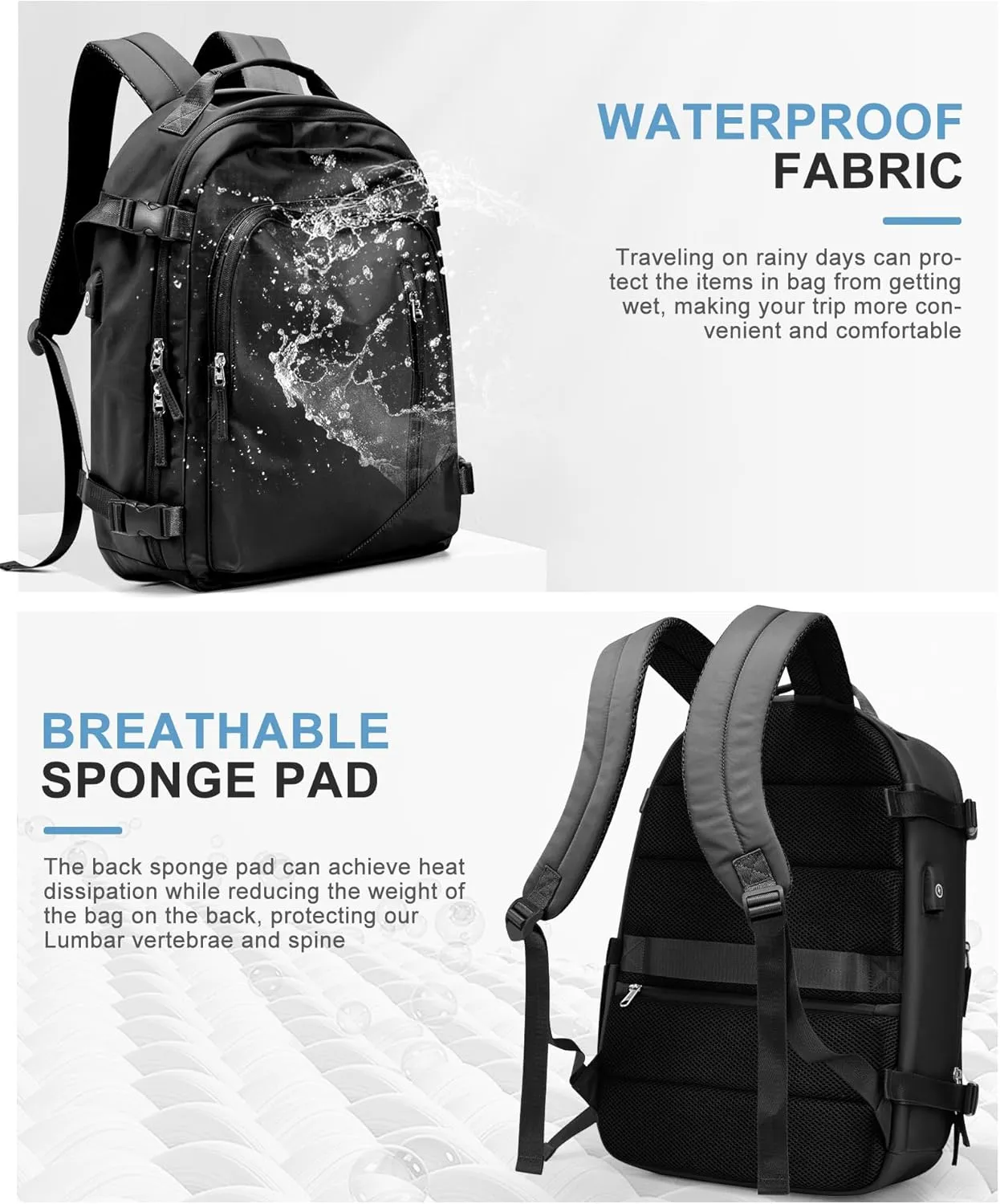 Travel Backpack for Women Men, Carry on Backpack Flight Approved Item Bag,Casual Daypacks Cabin Bagage,Hiking Backpack Lightweight Rucksack, Business Laptop Backpack with USB Charger Black Large