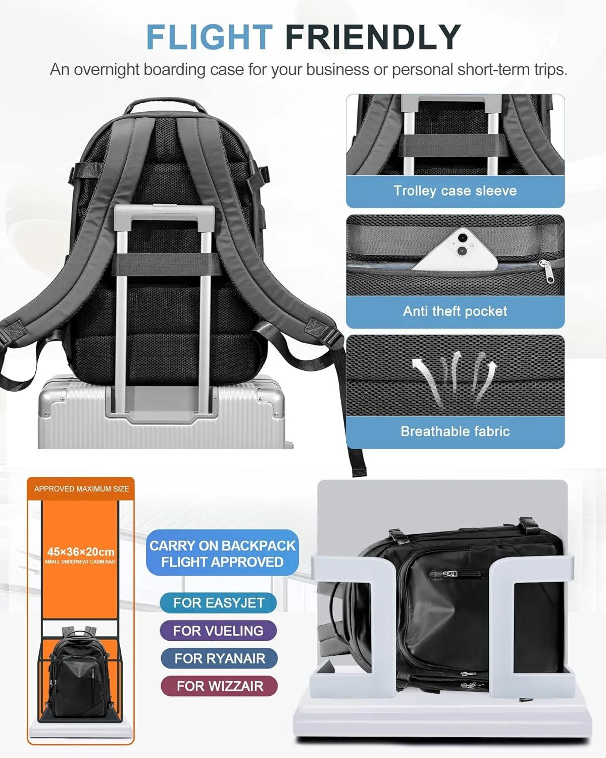 Travel Backpack for Women Men, Carry on Backpack Flight Approved Item Bag,Casual Daypacks Cabin Bagage,Hiking Backpack Lightweight Rucksack, Business Laptop Backpack with USB Charger Black Large