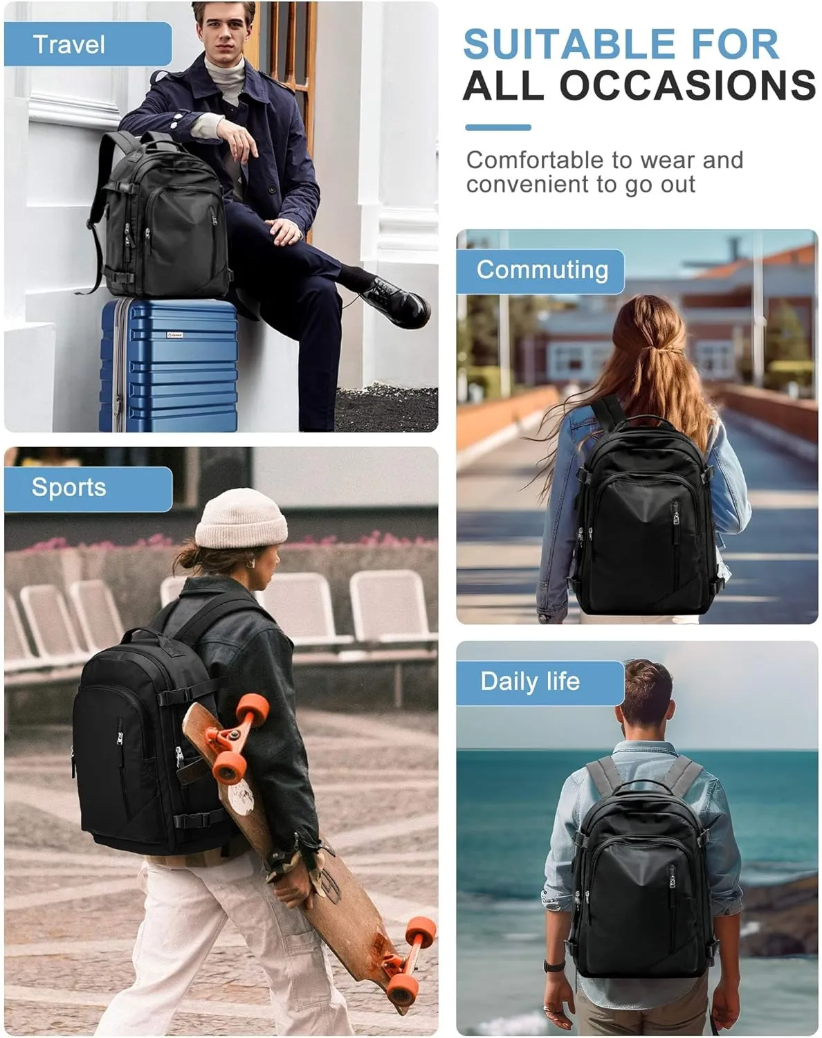 Travel Backpack for Women Men, Carry on Backpack Flight Approved Item Bag,Casual Daypacks Cabin Bagage,Hiking Backpack Lightweight Rucksack, Business Laptop Backpack with USB Charger Black Large