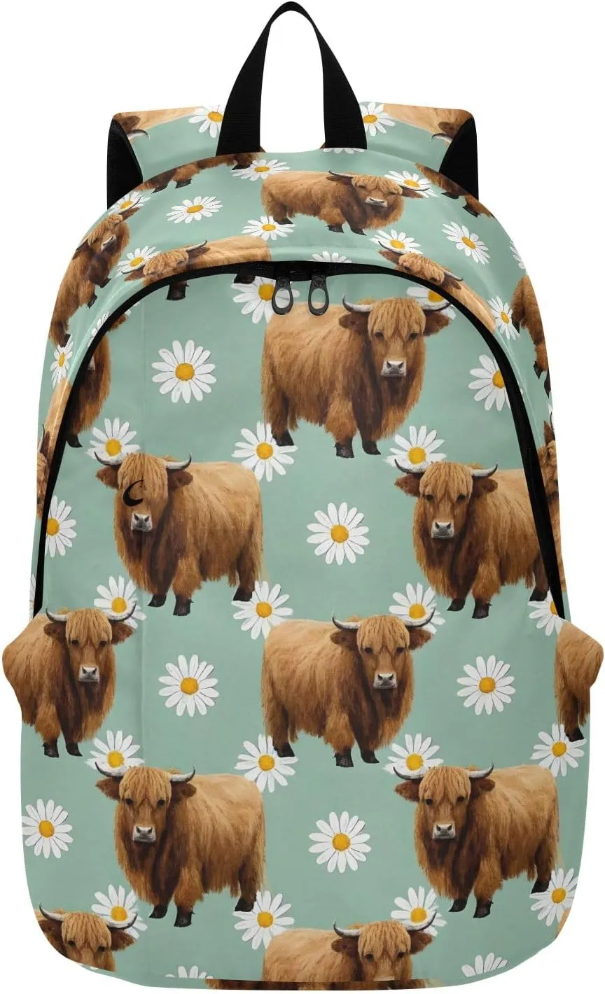 Travel Backpack for Women Men Laptop Bag Work Fashion Daypack Cow Bison Daisy Flowers Large Lightweight Outdoor Casual
