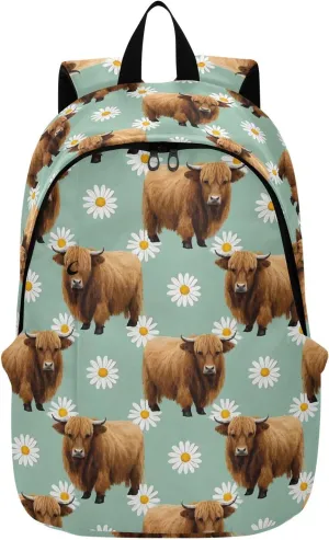 Travel Backpack for Women Men Laptop Bag Work Fashion Daypack Cow Bison Daisy Flowers Large Lightweight Outdoor Casual