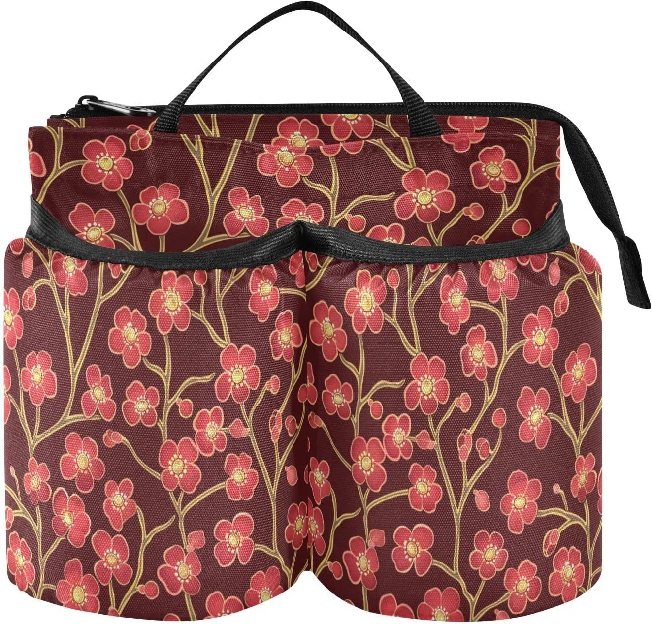 Travel Drink Cup Holder Foldable Cherry Blossom Red Brown Travel Mug Holder Two Cup Holder for Travelers Flight Attendants