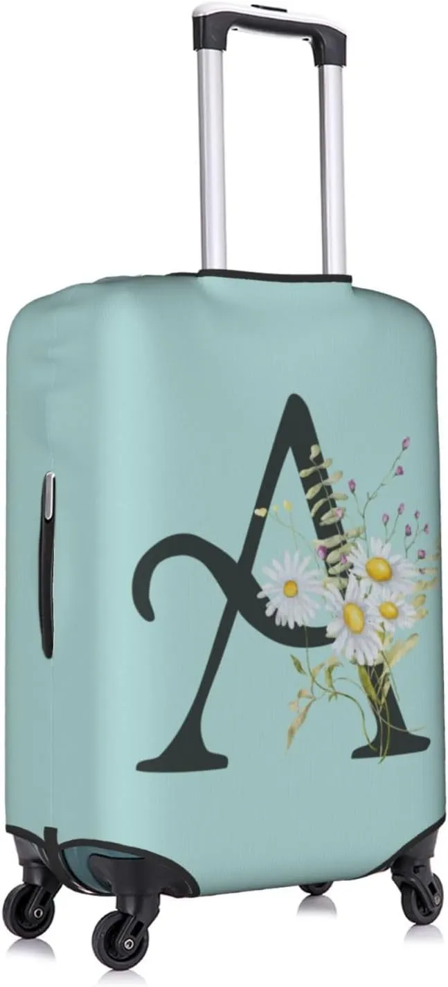 Travel Luggage Cover Elastic Blue Suitcase Protector Bag,Black Letter A Boho Floral Daisy Flowers Leaves Anti-Scratch Washable Baggage Covers For Wheeled Suitcase Kid Adult,M (For 22-24 Inch Luggage)