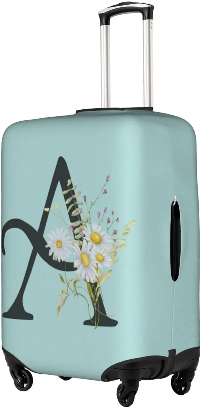 Travel Luggage Cover Elastic Blue Suitcase Protector Bag,Black Letter A Boho Floral Daisy Flowers Leaves Anti-Scratch Washable Baggage Covers For Wheeled Suitcase Kid Adult,M (For 22-24 Inch Luggage)