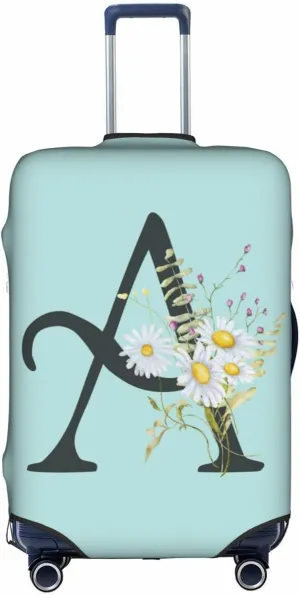 Travel Luggage Cover Elastic Blue Suitcase Protector Bag,Black Letter A Boho Floral Daisy Flowers Leaves Anti-Scratch Washable Baggage Covers For Wheeled Suitcase Kid Adult,M (For 22-24 Inch Luggage)