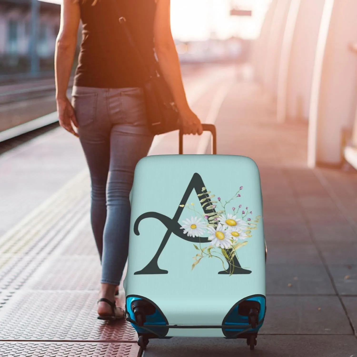 Travel Luggage Cover Elastic Blue Suitcase Protector Bag,Black Letter A Boho Floral Daisy Flowers Leaves Anti-Scratch Washable Baggage Covers For Wheeled Suitcase Kid Adult,M (For 22-24 Inch Luggage)