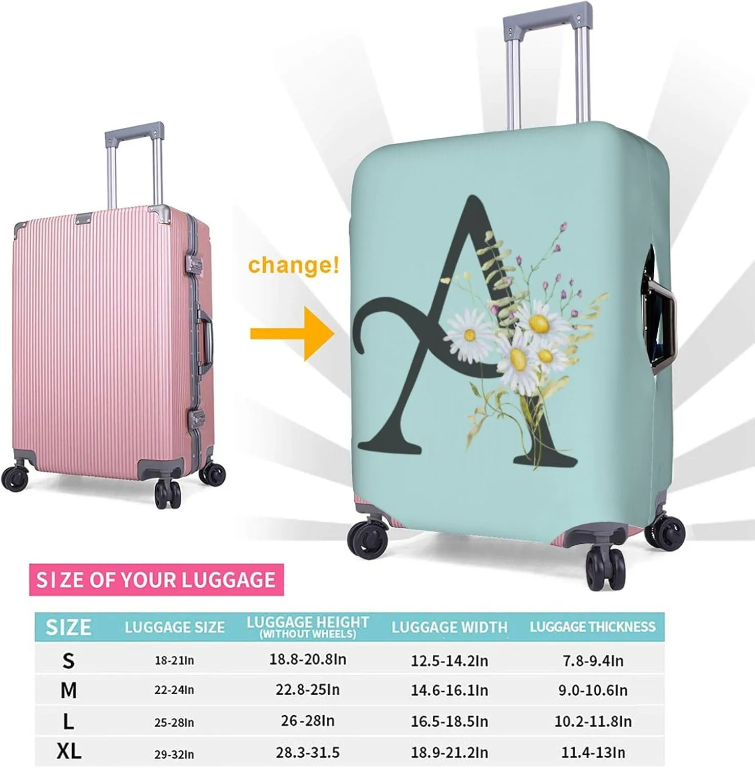Travel Luggage Cover Elastic Blue Suitcase Protector Bag,Black Letter A Boho Floral Daisy Flowers Leaves Anti-Scratch Washable Baggage Covers For Wheeled Suitcase Kid Adult,M (For 22-24 Inch Luggage)