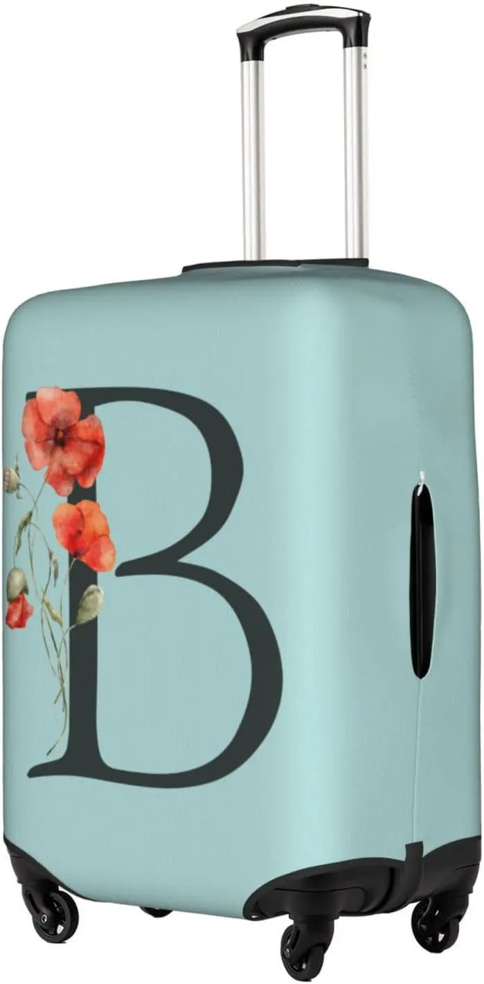 Travel Luggage Cover Elastic Blue Suitcase Protector Bag,Black Letter B Boho Floral Poppy Flowers Leaves Dust-Proof Washable Baggage Covers For Wheeled Suitcase Kid Adult,S (For 18-21 Inch Luggage)