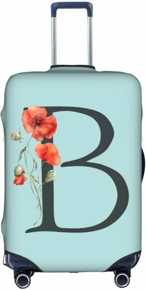 Travel Luggage Cover Elastic Blue Suitcase Protector Bag,Black Letter B Boho Floral Poppy Flowers Leaves Dust-Proof Washable Baggage Covers For Wheeled Suitcase Kid Adult,S (For 18-21 Inch Luggage)