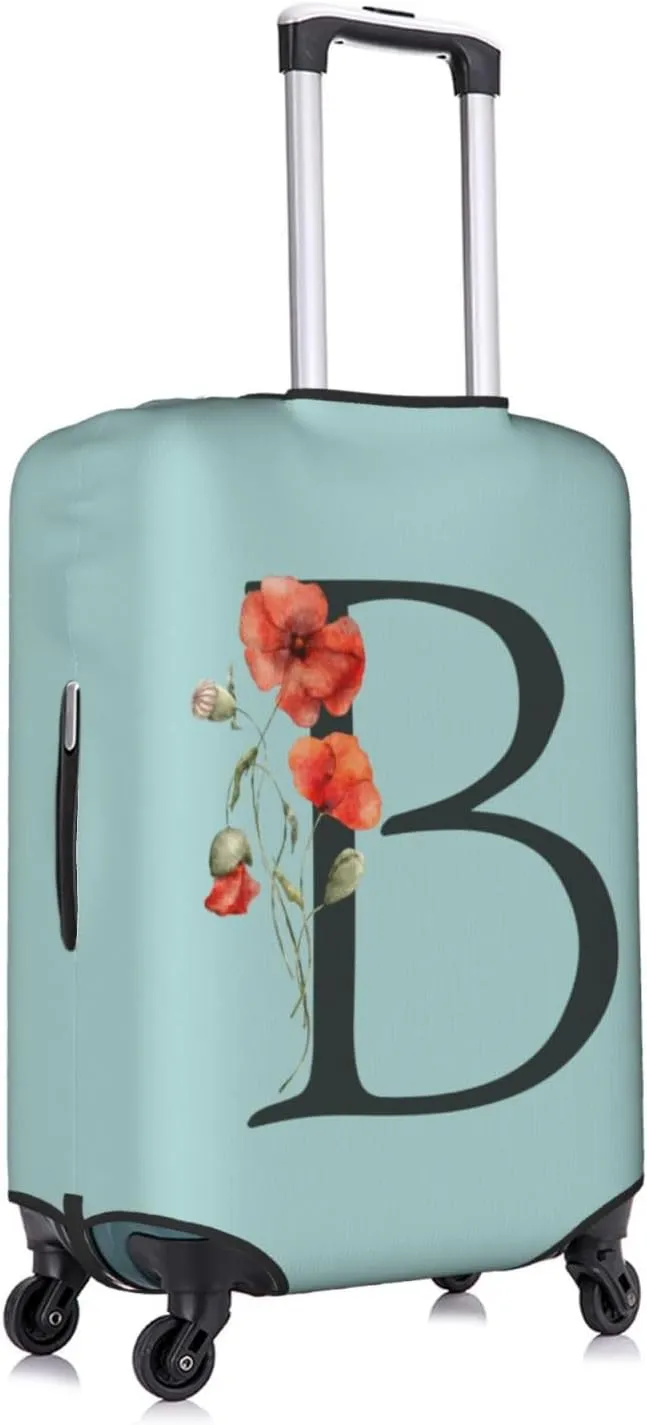 Travel Luggage Cover Elastic Blue Suitcase Protector Bag,Black Letter B Boho Floral Poppy Flowers Leaves Dust-Proof Washable Baggage Covers For Wheeled Suitcase Kid Adult,S (For 18-21 Inch Luggage)