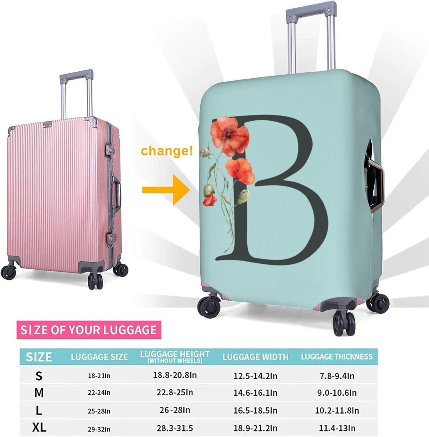 Travel Luggage Cover Elastic Blue Suitcase Protector Bag,Black Letter B Boho Floral Poppy Flowers Leaves Dust-Proof Washable Baggage Covers For Wheeled Suitcase Kid Adult,S (For 18-21 Inch Luggage)