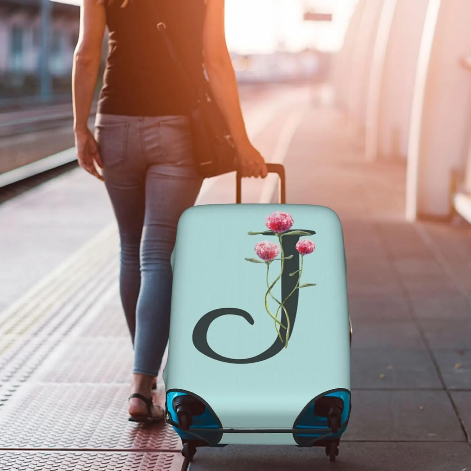 Travel Luggage Cover Elastic Blue Suitcase Protector Bag,Black Letter J Boho Floral Flowers Leaves Dust-Proof Washable Baggage Covers For Wheeled Suitcase Kid Adult,Xl (For 29-32 Inch Luggage)