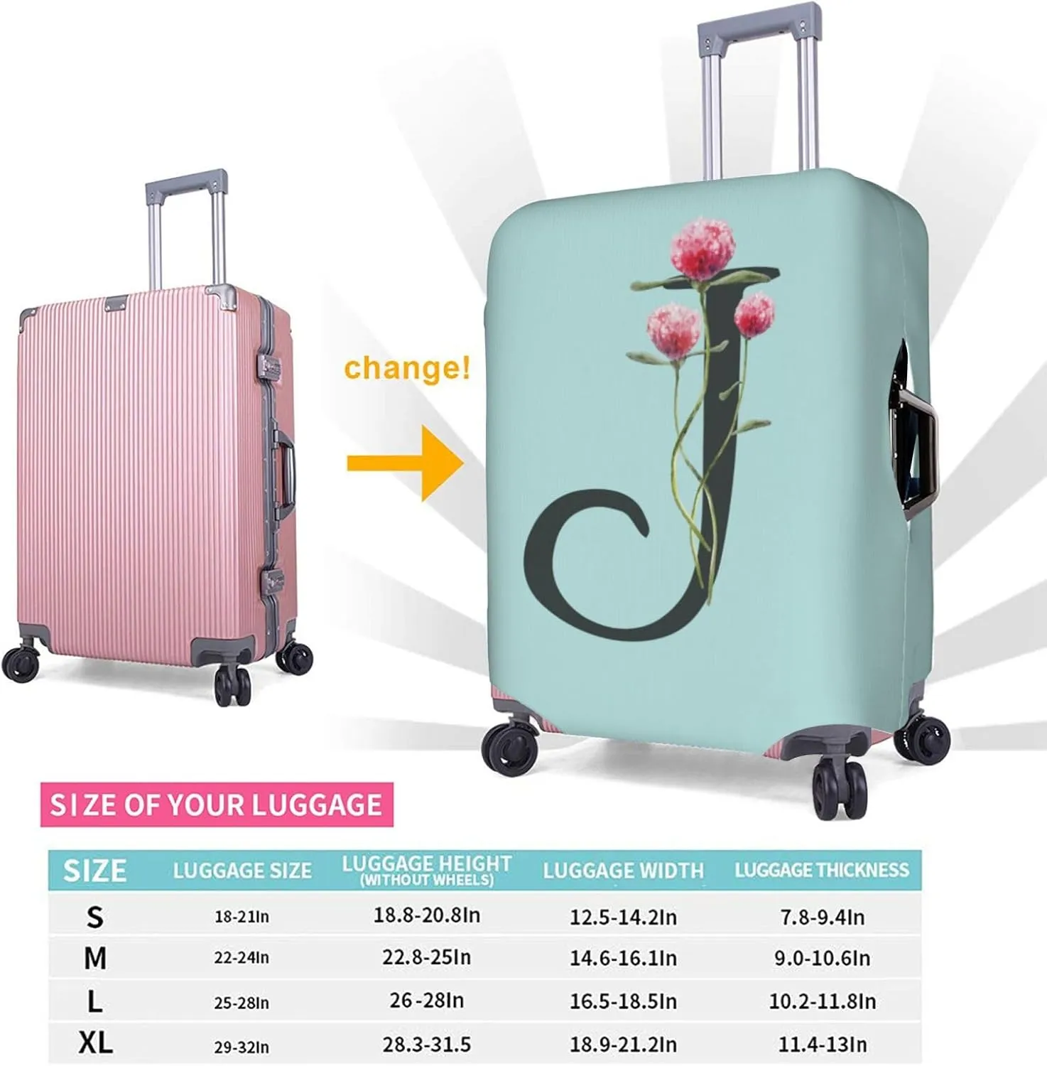 Travel Luggage Cover Elastic Blue Suitcase Protector Bag,Black Letter J Boho Floral Flowers Leaves Dust-Proof Washable Baggage Covers For Wheeled Suitcase Kid Adult,Xl (For 29-32 Inch Luggage)