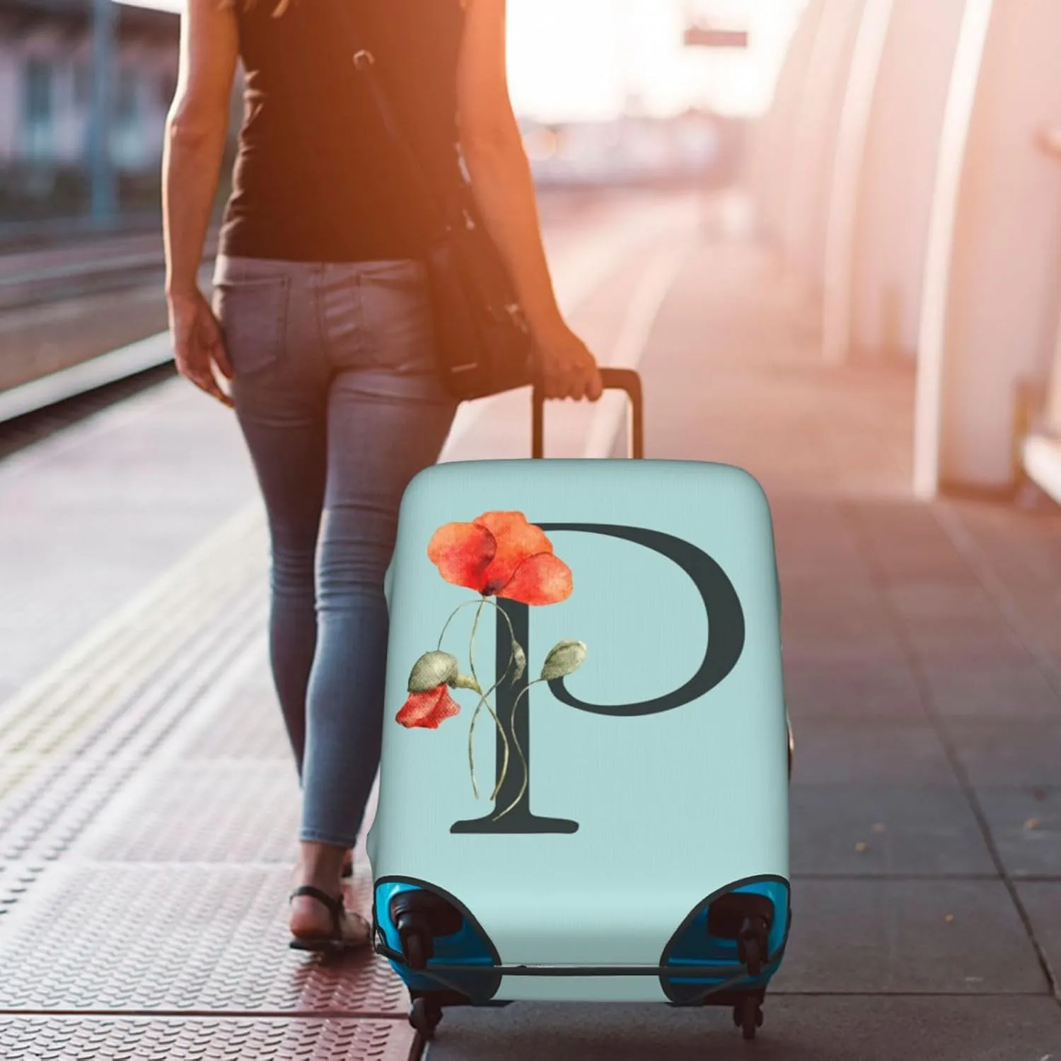 Travel Luggage Cover Elastic Blue Suitcase Protector Bag,Black Letter P Boho Floral Flowers Leaves Anti-Scratch Washable Baggage Covers For Wheeled Suitcase Kid Adult,S (For 18-21 Inch Luggage)