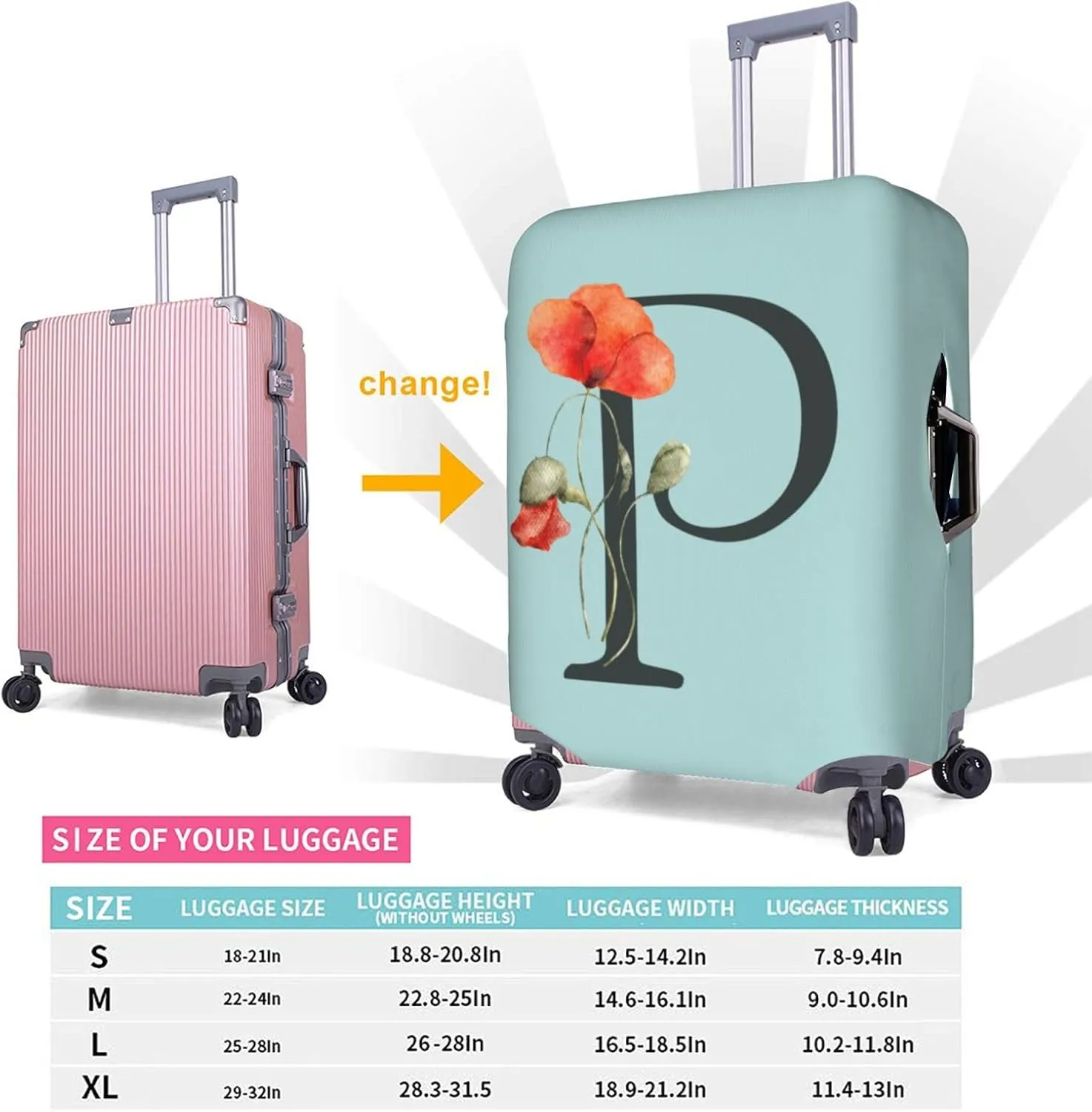 Travel Luggage Cover Elastic Blue Suitcase Protector Bag,Black Letter P Boho Floral Flowers Leaves Anti-Scratch Washable Baggage Covers For Wheeled Suitcase Kid Adult,S (For 18-21 Inch Luggage)
