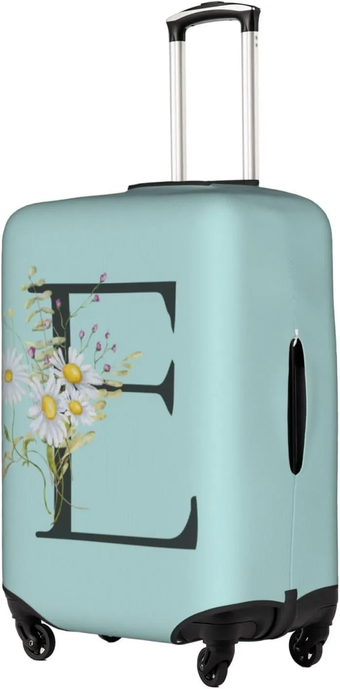 Travel Luggage Cover Spandex Blue Suitcase Protector Bag,Black Letter E Boho Floral Flowers Leaves Anti-Scratch Washable Baggage Covers For Wheeled Suitcase Kid Adult,L (For 25-28 Inch Luggage)