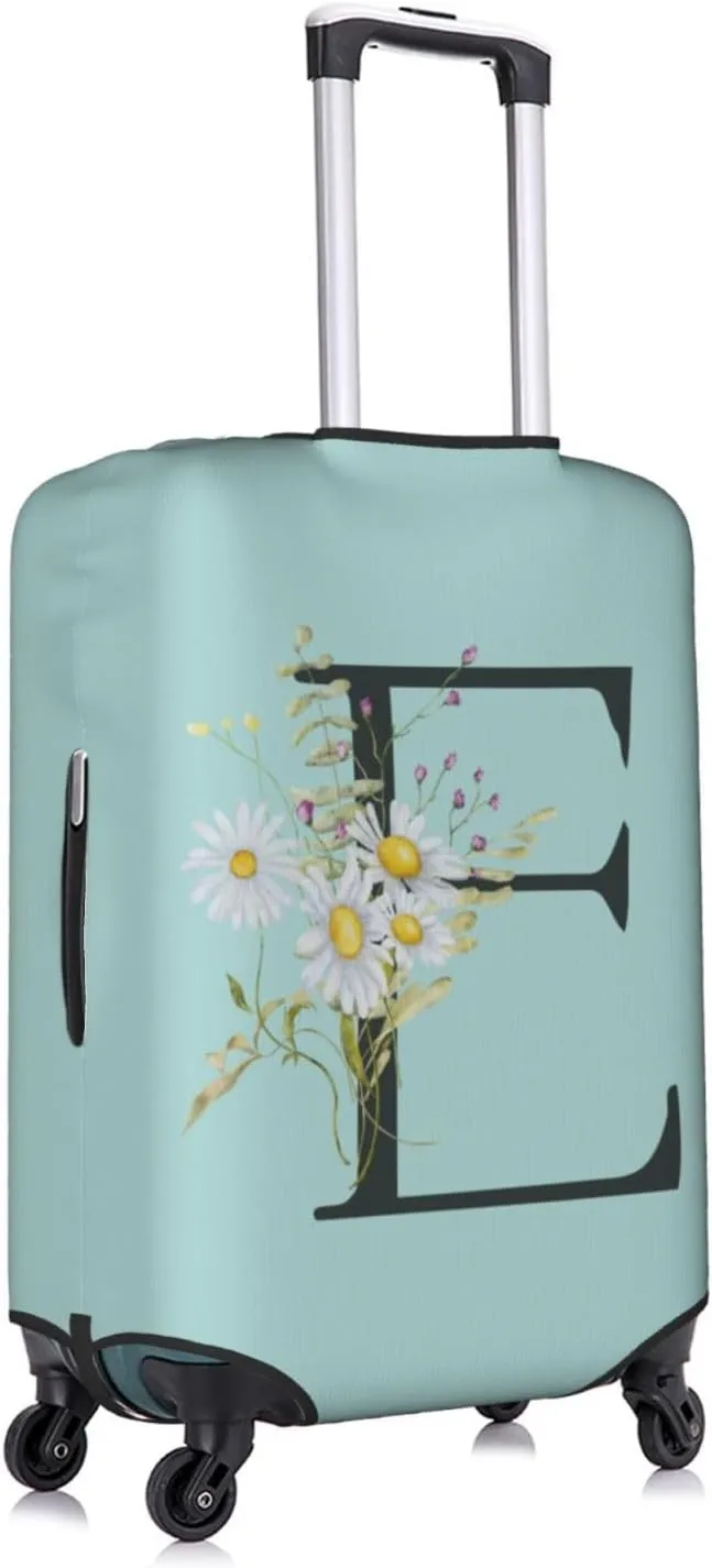 Travel Luggage Cover Spandex Blue Suitcase Protector Bag,Black Letter E Boho Floral Flowers Leaves Anti-Scratch Washable Baggage Covers For Wheeled Suitcase Kid Adult,L (For 25-28 Inch Luggage)