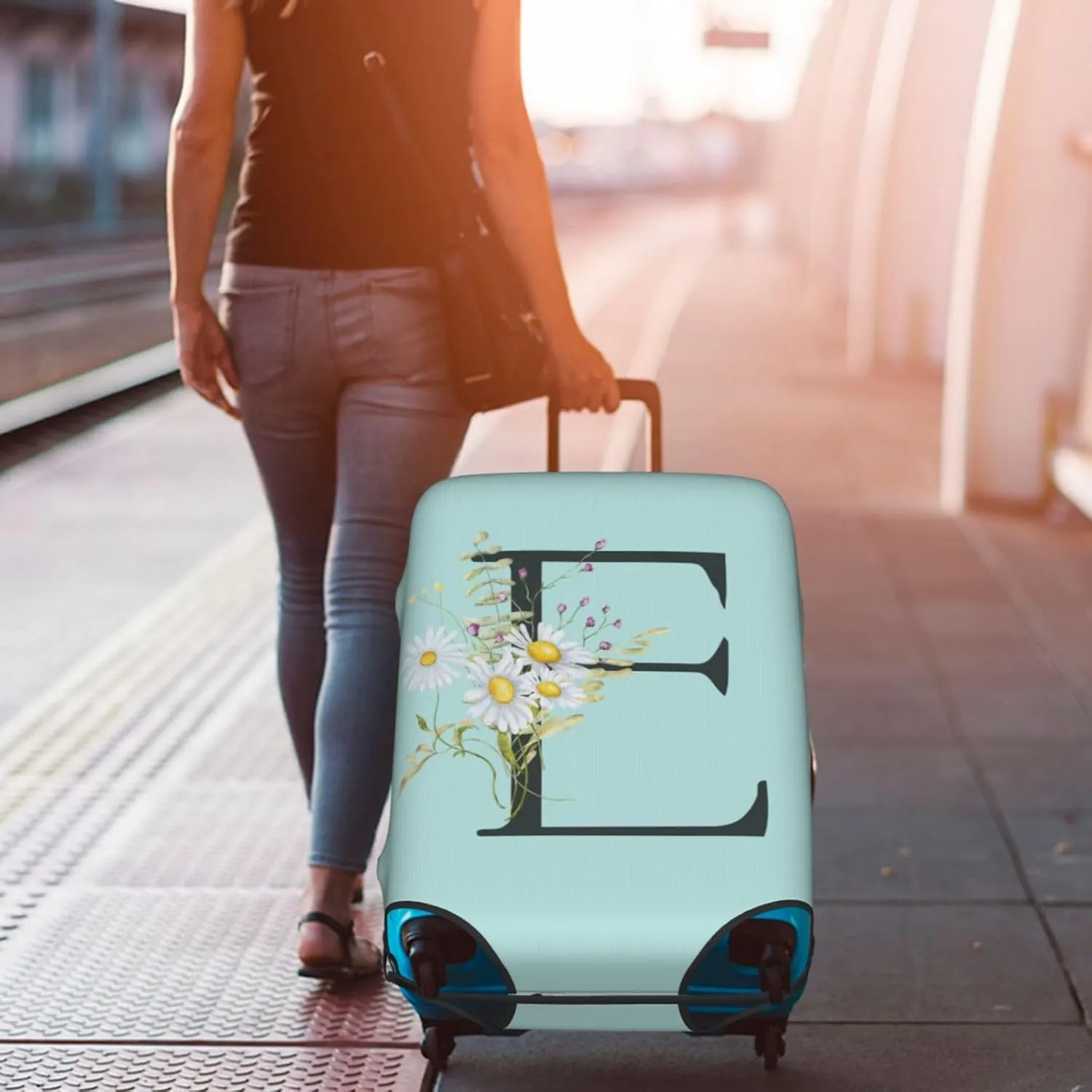 Travel Luggage Cover Spandex Blue Suitcase Protector Bag,Black Letter E Boho Floral Flowers Leaves Anti-Scratch Washable Baggage Covers For Wheeled Suitcase Kid Adult,L (For 25-28 Inch Luggage)