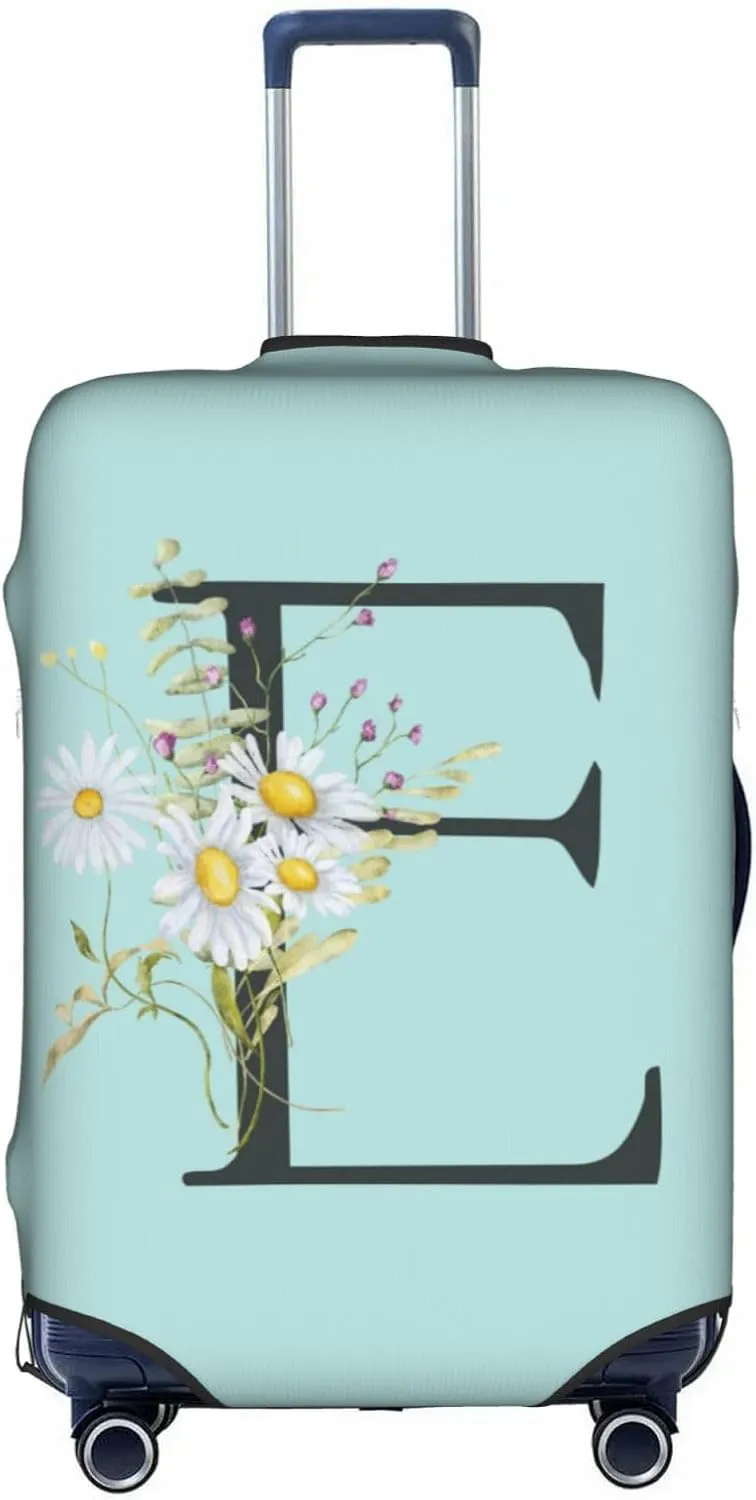 Travel Luggage Cover Spandex Blue Suitcase Protector Bag,Black Letter E Boho Floral Flowers Leaves Anti-Scratch Washable Baggage Covers For Wheeled Suitcase Kid Adult,L (For 25-28 Inch Luggage)