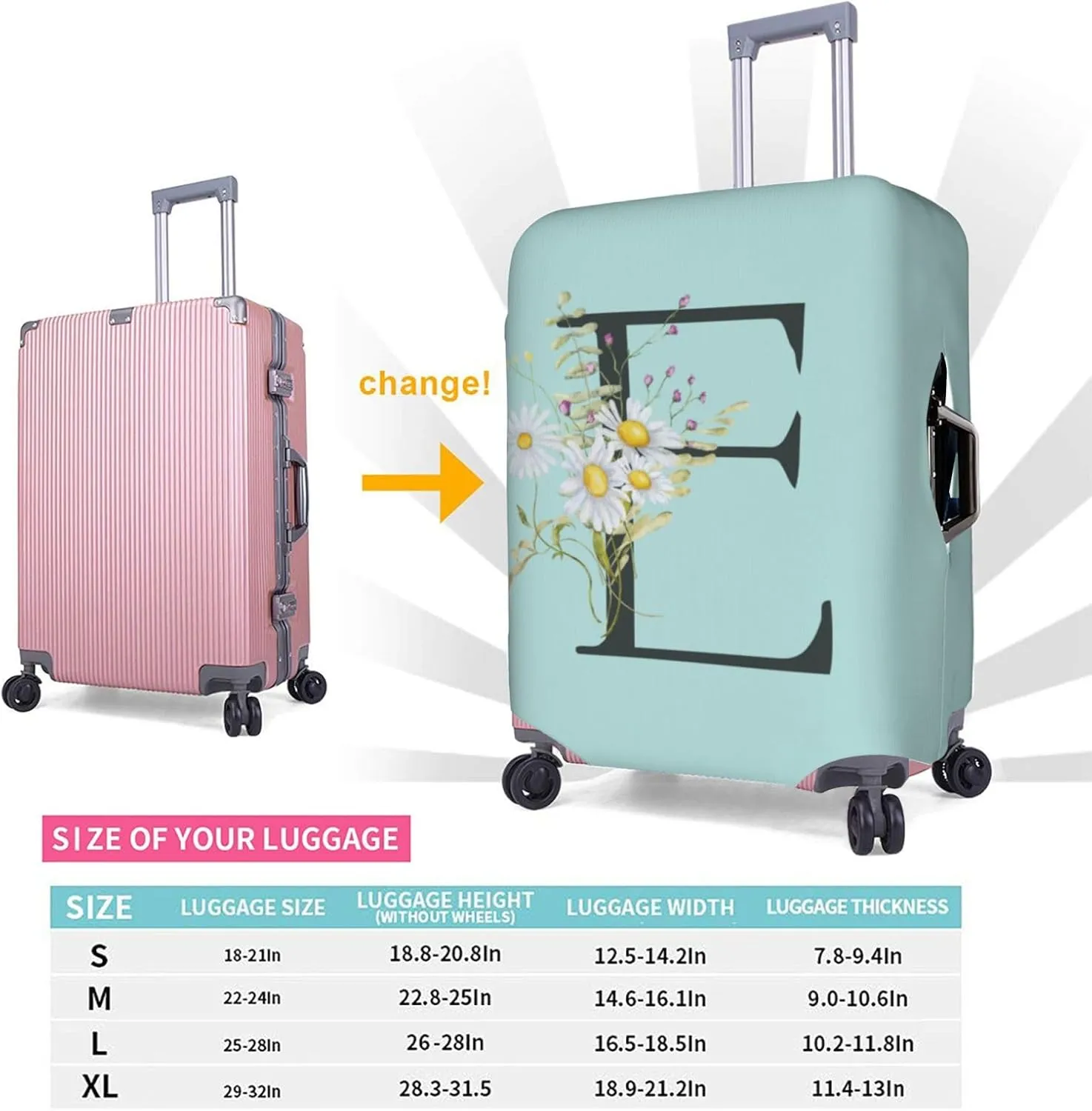 Travel Luggage Cover Spandex Blue Suitcase Protector Bag,Black Letter E Boho Floral Flowers Leaves Anti-Scratch Washable Baggage Covers For Wheeled Suitcase Kid Adult,L (For 25-28 Inch Luggage)