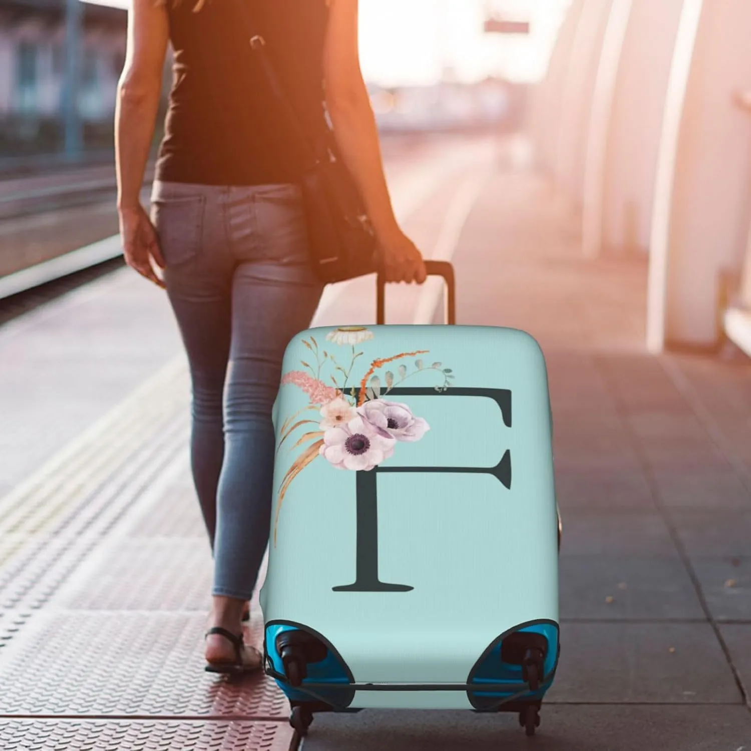 Travel Luggage Cover Spandex Blue Suitcase Protector Bag,Black Letter F Boho Floral Flowers Leaves Dust-Proof Washable Baggage Covers For Wheeled Suitcase Kid Adult,L (For 25-28 Inch Luggage)