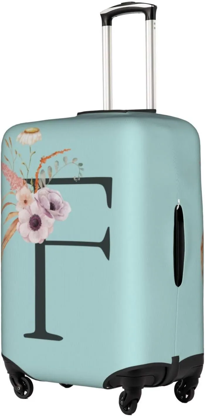 Travel Luggage Cover Spandex Blue Suitcase Protector Bag,Black Letter F Boho Floral Flowers Leaves Dust-Proof Washable Baggage Covers For Wheeled Suitcase Kid Adult,L (For 25-28 Inch Luggage)