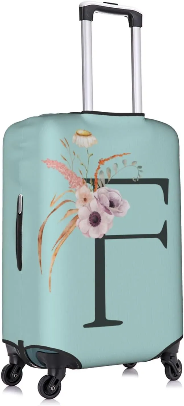 Travel Luggage Cover Spandex Blue Suitcase Protector Bag,Black Letter F Boho Floral Flowers Leaves Dust-Proof Washable Baggage Covers For Wheeled Suitcase Kid Adult,L (For 25-28 Inch Luggage)