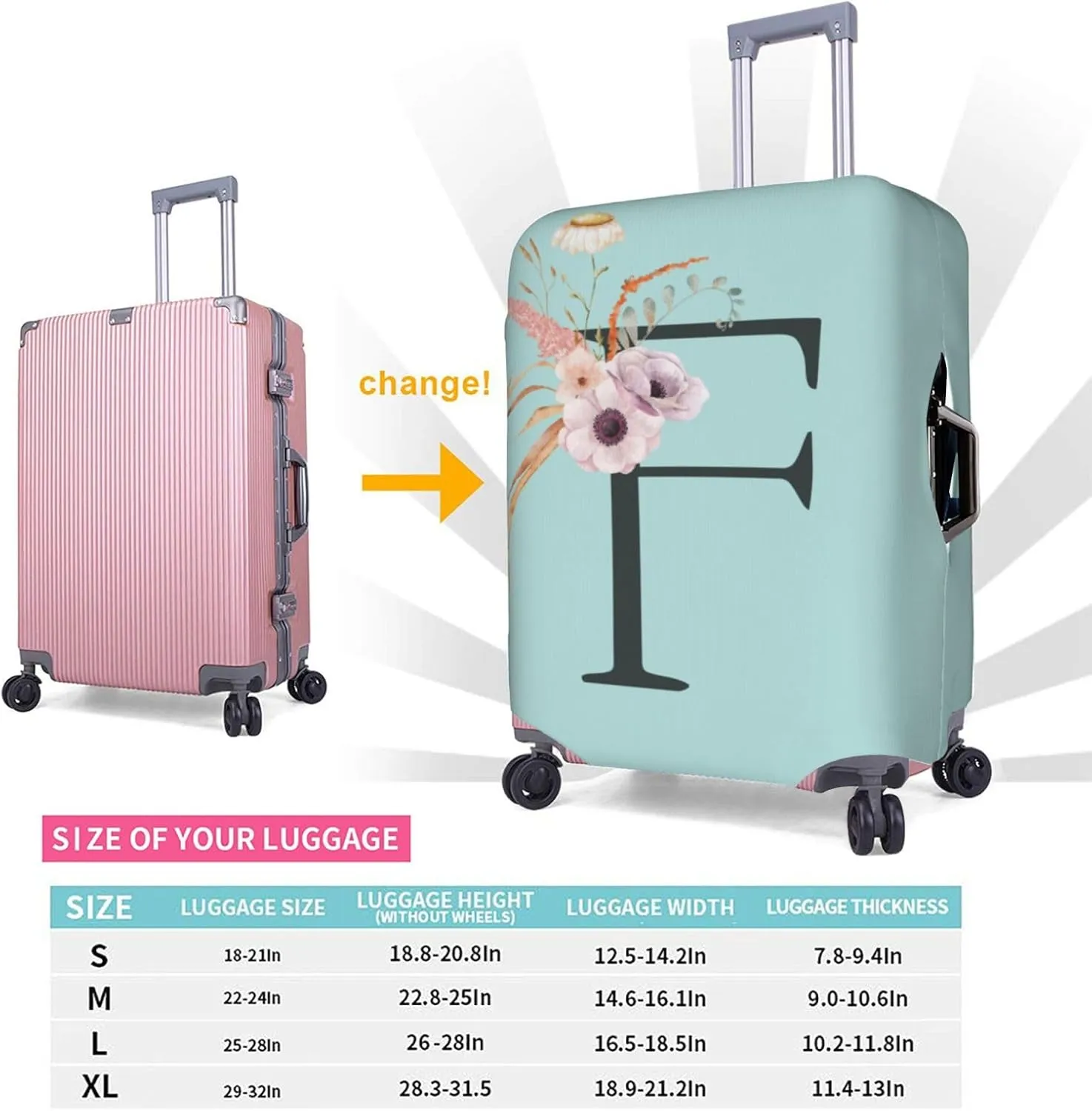 Travel Luggage Cover Spandex Blue Suitcase Protector Bag,Black Letter F Boho Floral Flowers Leaves Dust-Proof Washable Baggage Covers For Wheeled Suitcase Kid Adult,L (For 25-28 Inch Luggage)