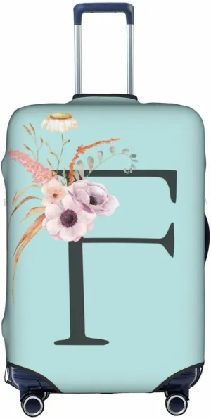 Travel Luggage Cover Spandex Blue Suitcase Protector Bag,Black Letter F Boho Floral Flowers Leaves Dust-Proof Washable Baggage Covers For Wheeled Suitcase Kid Adult,L (For 25-28 Inch Luggage)