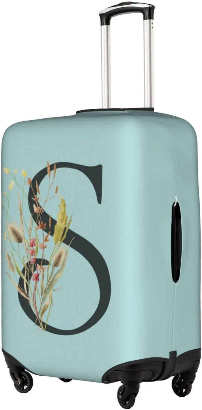 Travel Luggage Cover Spandex Blue Suitcase Protector Bag,Black Letter S Boho Floral Flowers Leaves Anti-Scratch Washable Baggage Covers For Wheeled Suitcase Kid Adult,L (For 25-28 Inch Luggage)