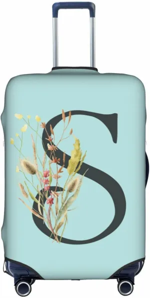 Travel Luggage Cover Spandex Blue Suitcase Protector Bag,Black Letter S Boho Floral Flowers Leaves Anti-Scratch Washable Baggage Covers For Wheeled Suitcase Kid Adult,L (For 25-28 Inch Luggage)
