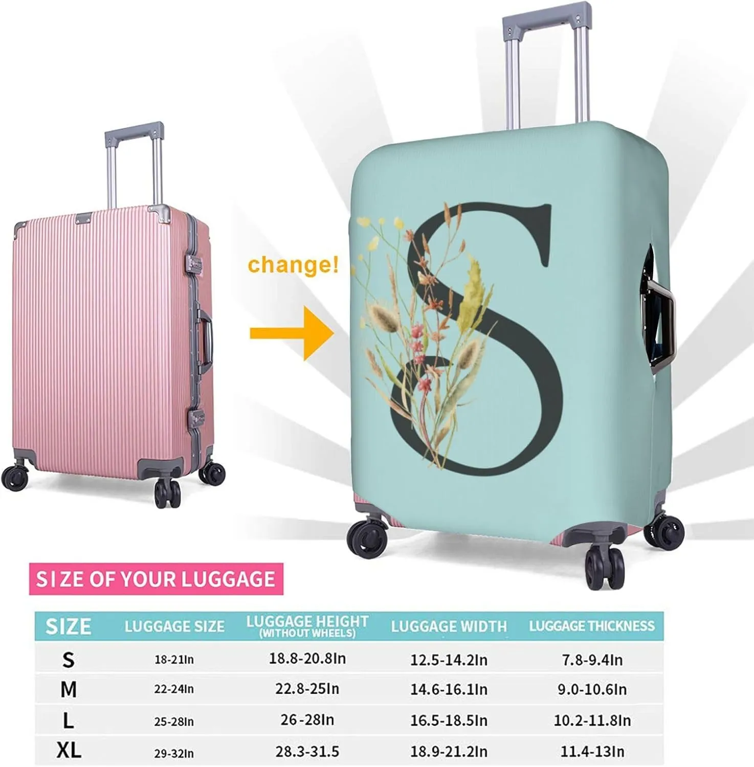 Travel Luggage Cover Spandex Blue Suitcase Protector Bag,Black Letter S Boho Floral Flowers Leaves Anti-Scratch Washable Baggage Covers For Wheeled Suitcase Kid Adult,L (For 25-28 Inch Luggage)
