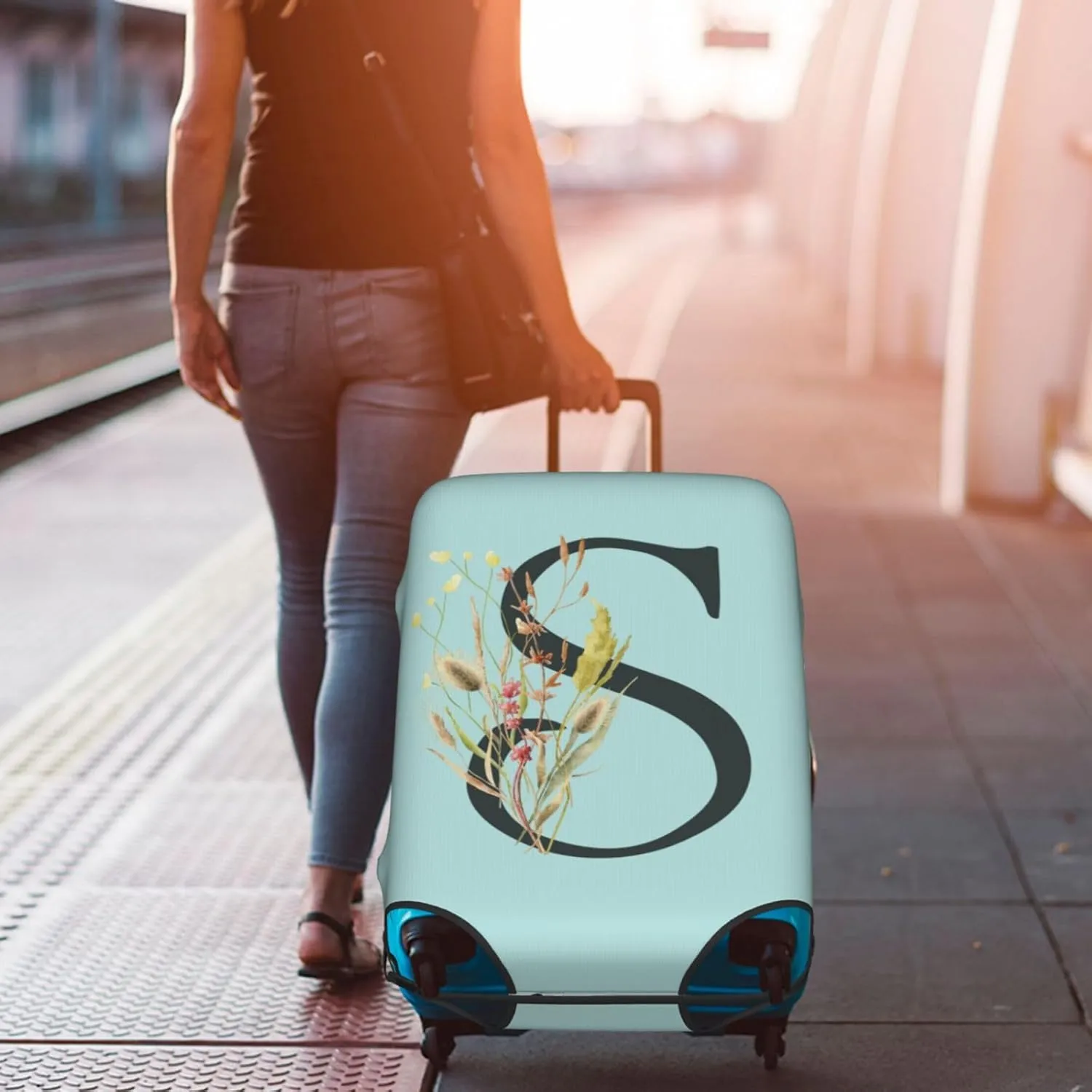 Travel Luggage Cover Spandex Blue Suitcase Protector Bag,Black Letter S Boho Floral Flowers Leaves Anti-Scratch Washable Baggage Covers For Wheeled Suitcase Kid Adult,L (For 25-28 Inch Luggage)