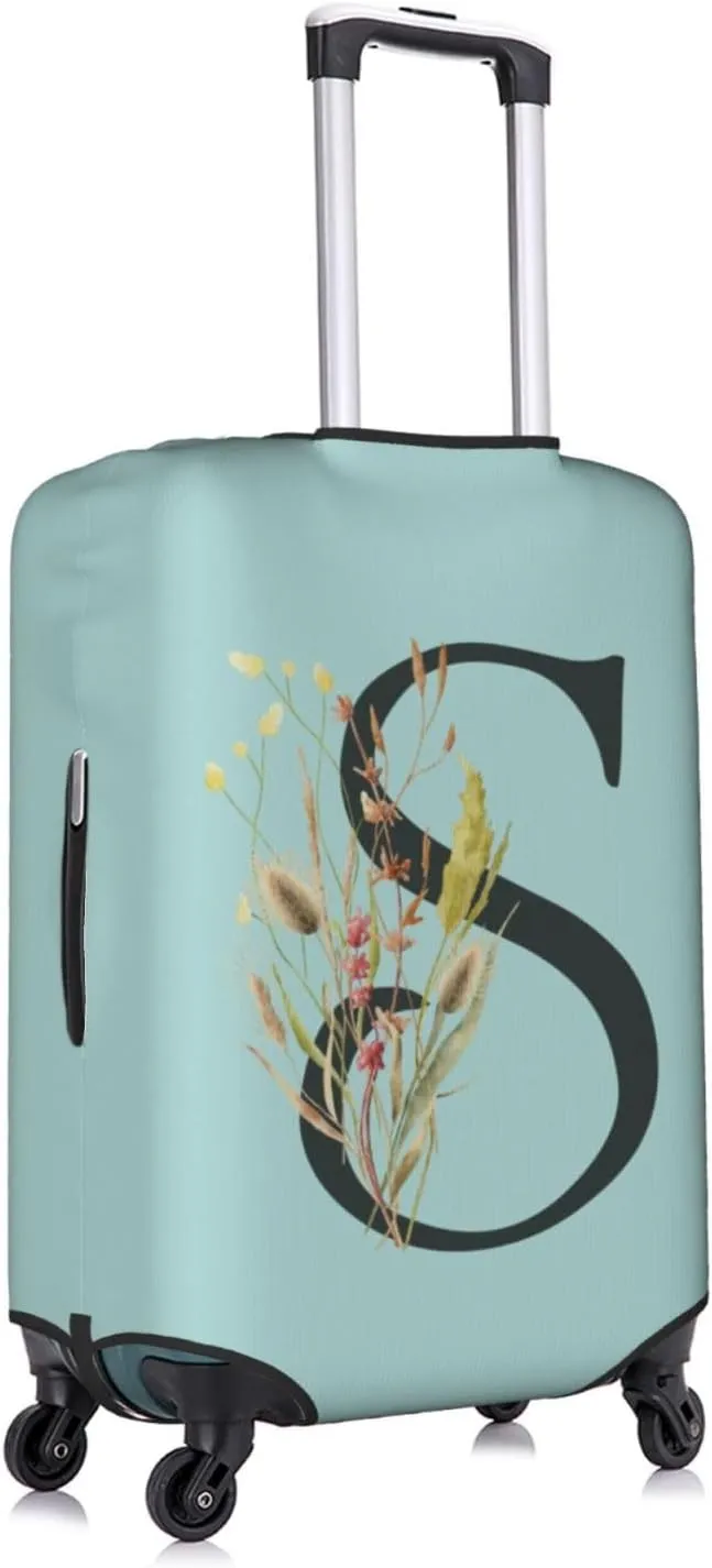 Travel Luggage Cover Spandex Blue Suitcase Protector Bag,Black Letter S Boho Floral Flowers Leaves Anti-Scratch Washable Baggage Covers For Wheeled Suitcase Kid Adult,L (For 25-28 Inch Luggage)