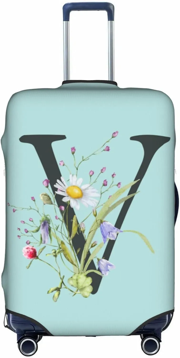 Travel Luggage Cover Spandex Blue Suitcase Protector Bag,Black Letter V Boho Floral Flowers Leaves Anti-Scratch Washable Baggage Covers For Wheeled Suitcase Kid Adult,Xl (For 29-32 Inch Luggage)