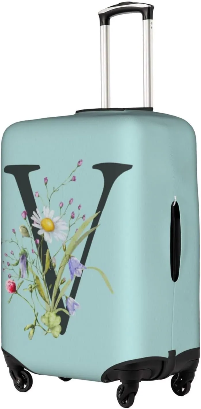 Travel Luggage Cover Spandex Blue Suitcase Protector Bag,Black Letter V Boho Floral Flowers Leaves Anti-Scratch Washable Baggage Covers For Wheeled Suitcase Kid Adult,Xl (For 29-32 Inch Luggage)