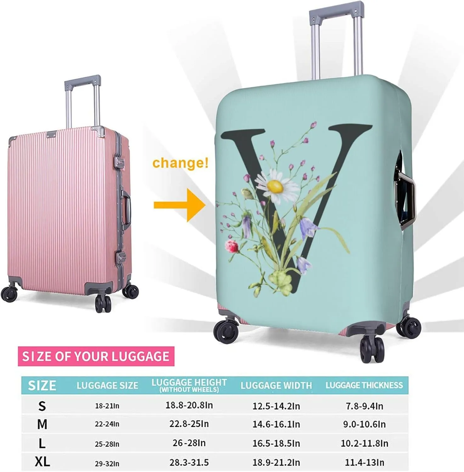 Travel Luggage Cover Spandex Blue Suitcase Protector Bag,Black Letter V Boho Floral Flowers Leaves Anti-Scratch Washable Baggage Covers For Wheeled Suitcase Kid Adult,Xl (For 29-32 Inch Luggage)