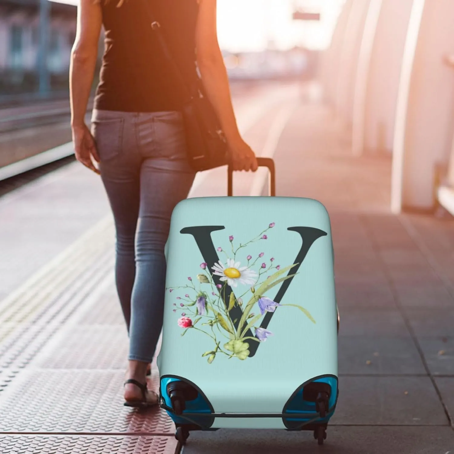 Travel Luggage Cover Spandex Blue Suitcase Protector Bag,Black Letter V Boho Floral Flowers Leaves Anti-Scratch Washable Baggage Covers For Wheeled Suitcase Kid Adult,Xl (For 29-32 Inch Luggage)