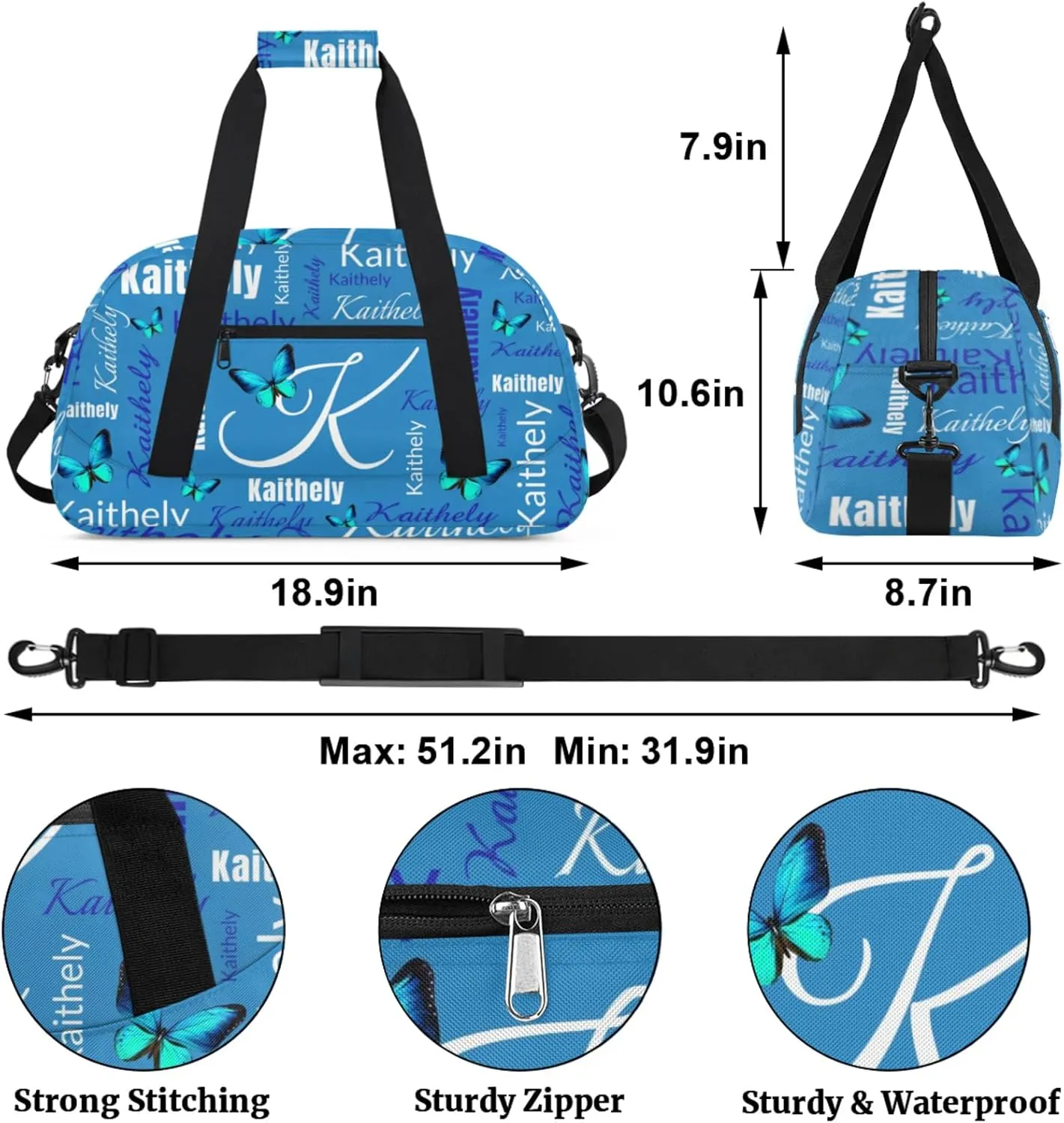 TropicalLife Personalized Dance Bag for Sport Duffel Bag Custom Butterfly Duffle Gym Bag with Name Customized Sports Tote Bags Blue