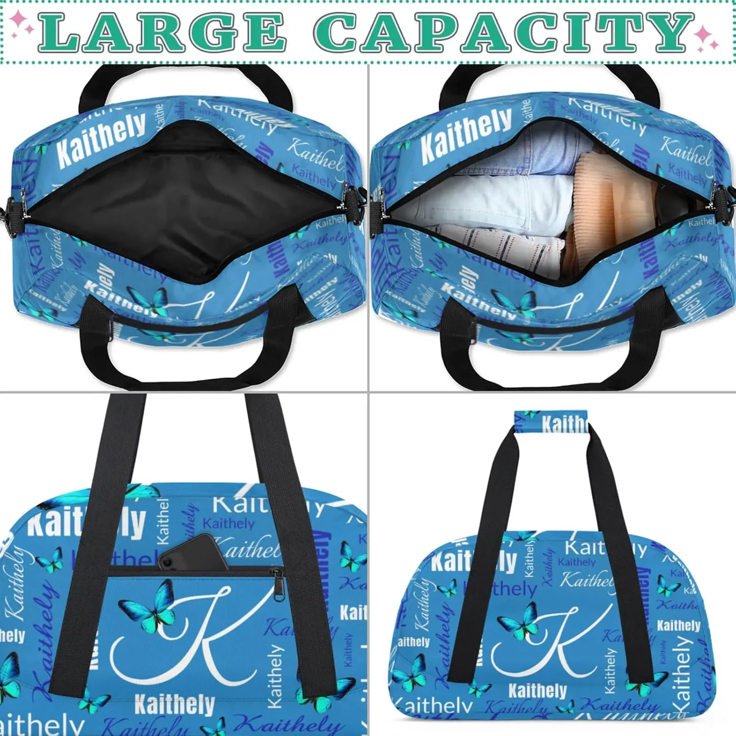 TropicalLife Personalized Dance Bag for Sport Duffel Bag Custom Butterfly Duffle Gym Bag with Name Customized Sports Tote Bags Blue