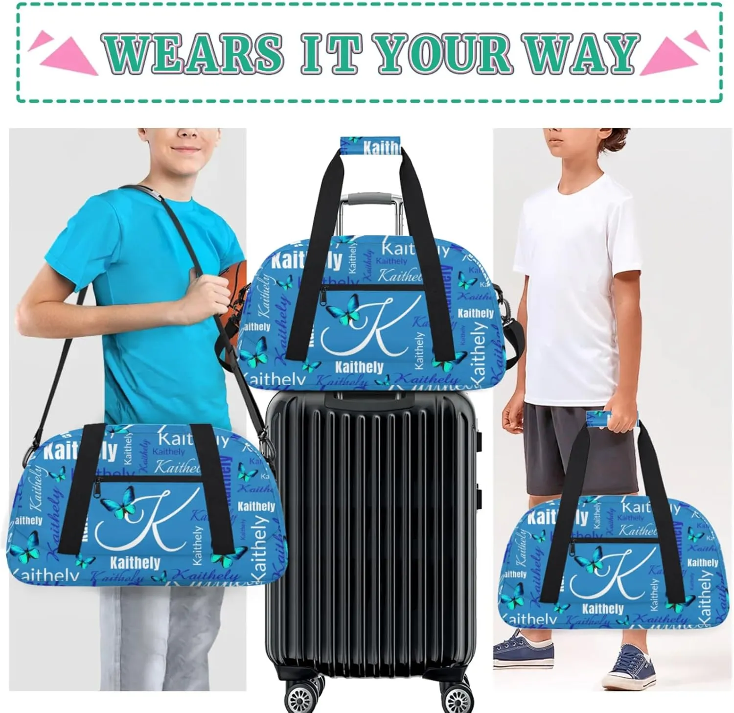 TropicalLife Personalized Dance Bag for Sport Duffel Bag Custom Butterfly Duffle Gym Bag with Name Customized Sports Tote Bags Blue