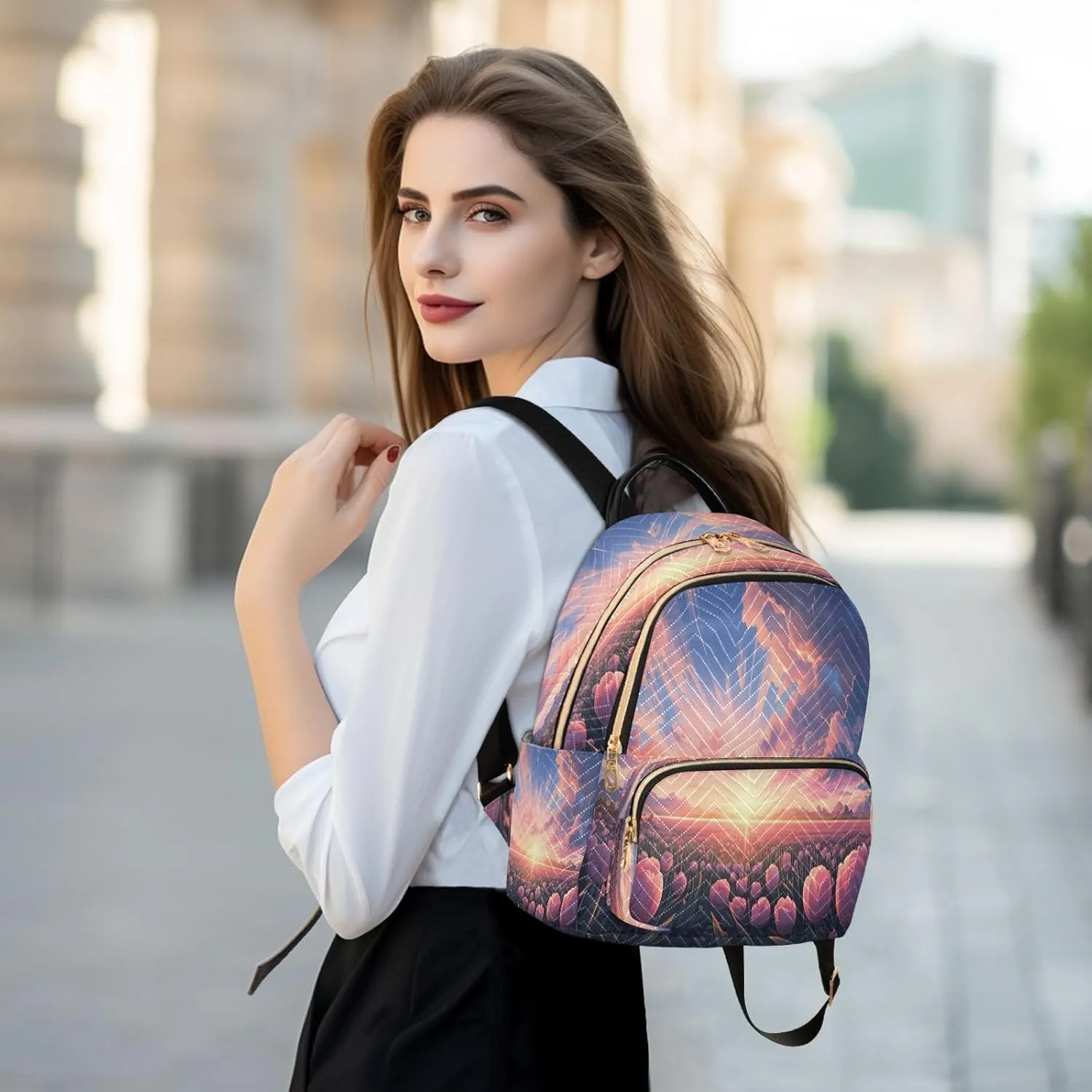 Tulips Field Sunset Pink Backpack Purse for Women Small Backpack Purse with Anti-theft Back for Hiking Camping M