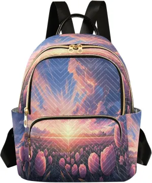 Tulips Field Sunset Pink Backpack Purse for Women Small Backpack Purse with Anti-theft Back for Hiking Camping M