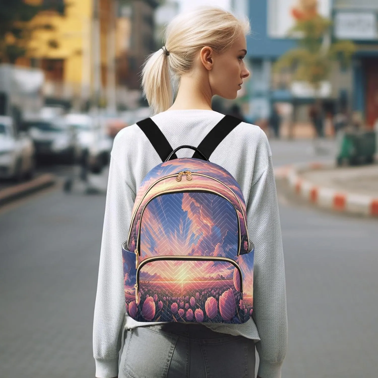 Tulips Field Sunset Pink Backpack Purse for Women Small Backpack Purse with Anti-theft Back for Hiking Camping M