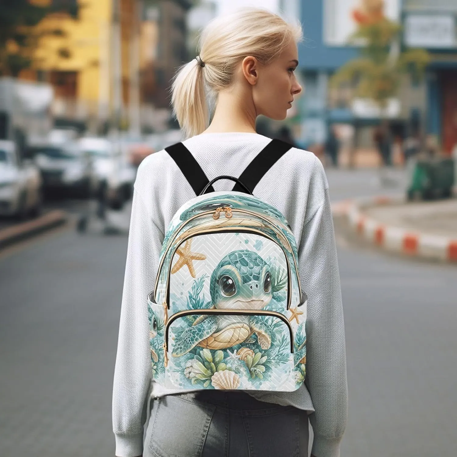 Turtle Seaweeds Starfish Teal Backpack Purse for Women Backpack Purse with Anti-theft Back for Trips M