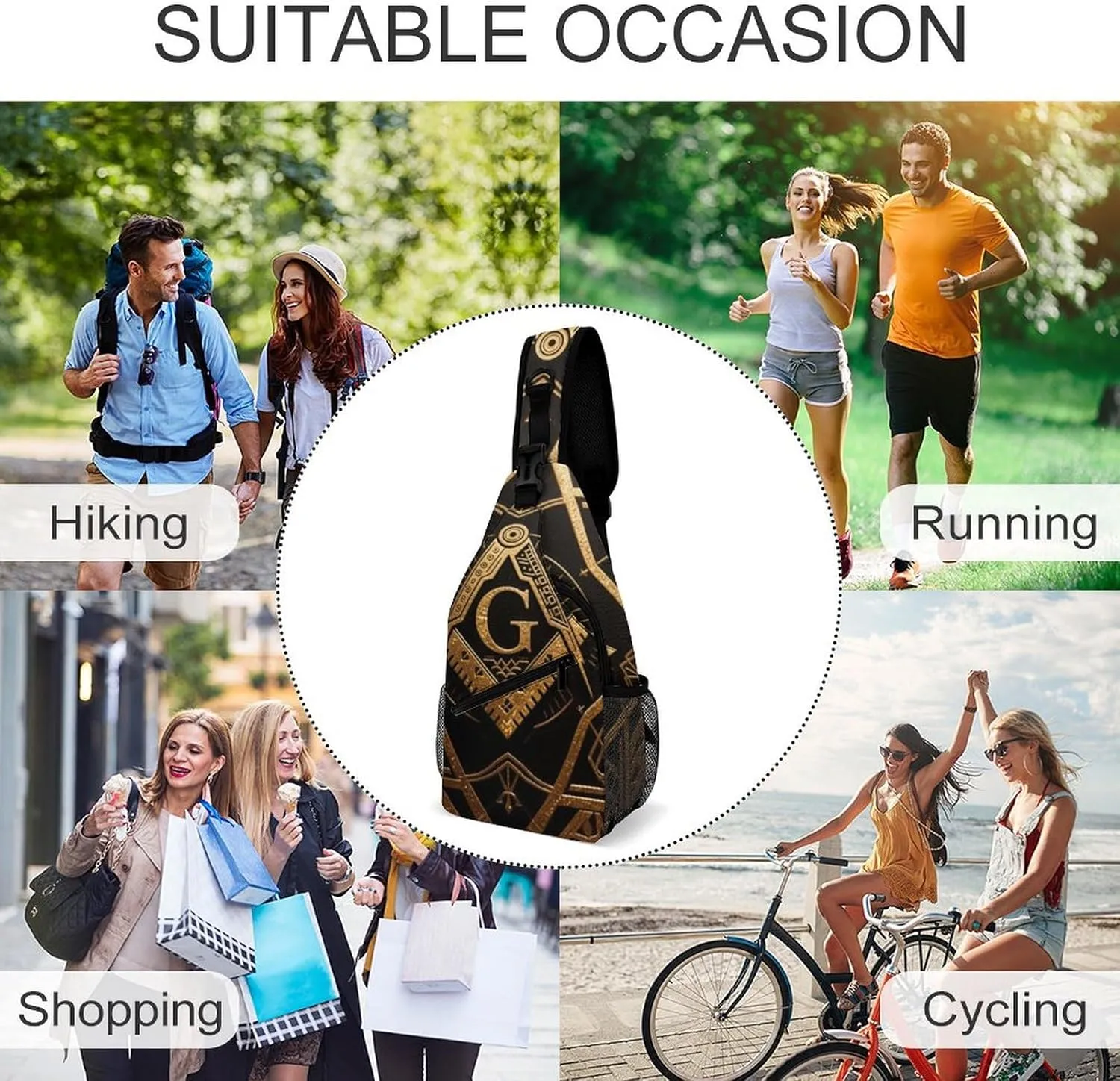 Ultra Lightweight Sling Backpack Chest Day Bag Multipurpose Anti-Theft Rucksack for Cycling Hiking Camping Travel Outdoor, Gold Freemason Freemasonry Masonic Art Camera Case Messenger Bag