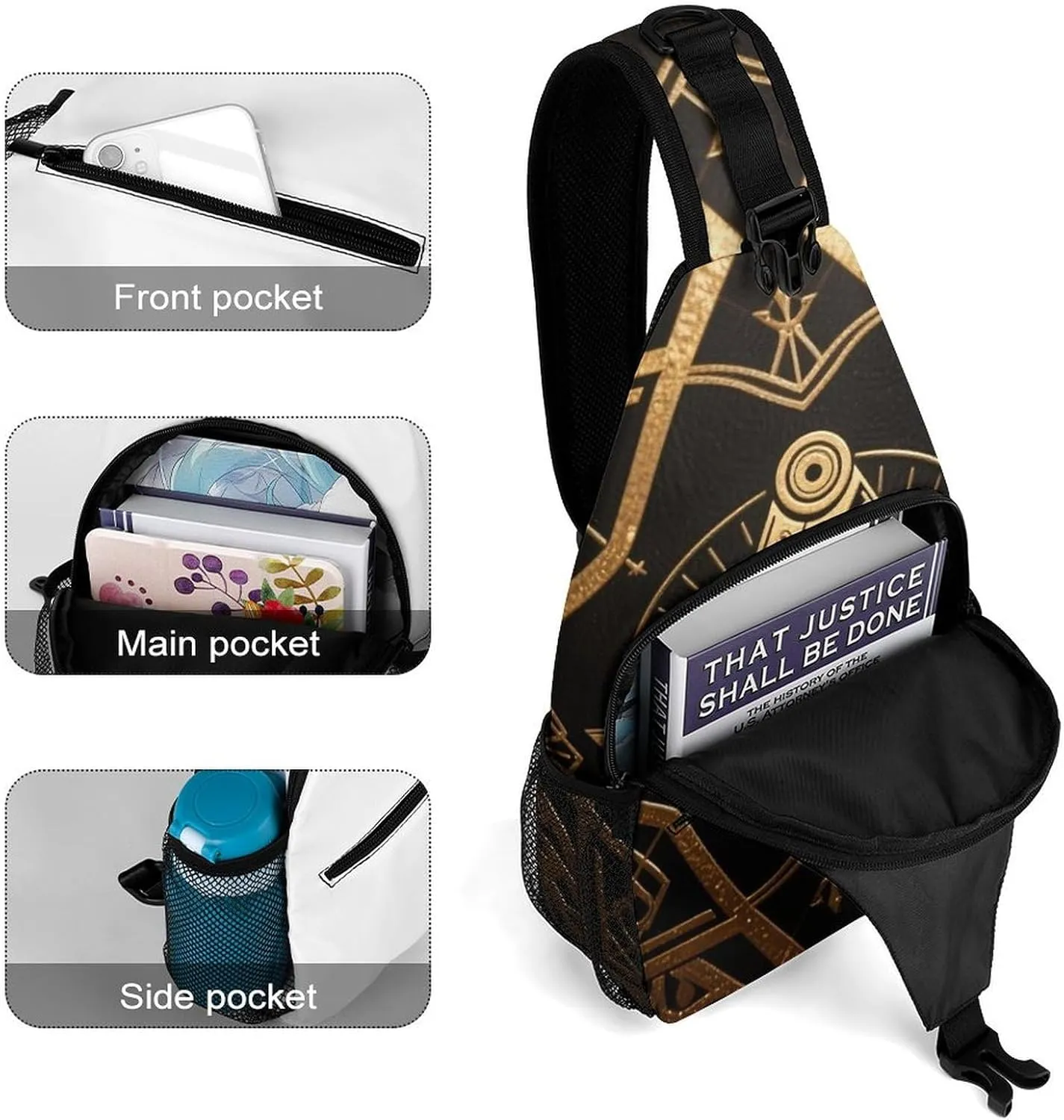 Ultra Lightweight Sling Backpack Chest Day Bag Multipurpose Anti-Theft Rucksack for Cycling Hiking Camping Travel Outdoor, Gold Freemason Freemasonry Masonic Art Camera Case Messenger Bag
