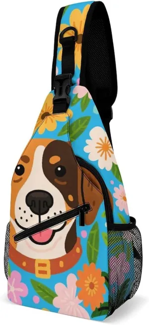 Ultra Lightweight Sling Backpack Crossbody Chest Rucksack Anti-Theft Multipurpose Bag for Hiking Cycling Walking Dog Bicycle Travel, Hawaiian Flowers Floral Dog Art